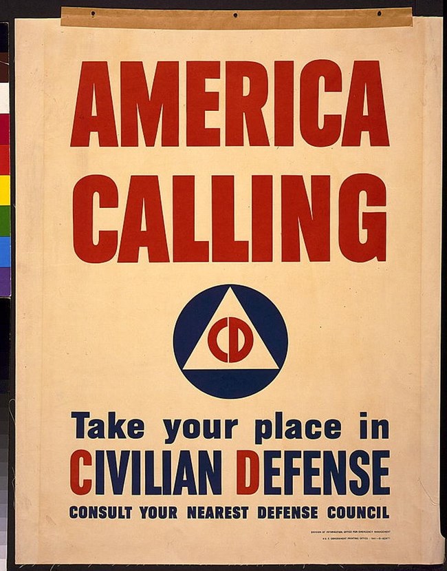 Flyer with large red block letters "America Calling" with a triangle underneath with a "CD" inside. Subhead is "Take your Place in Civilian Defense"