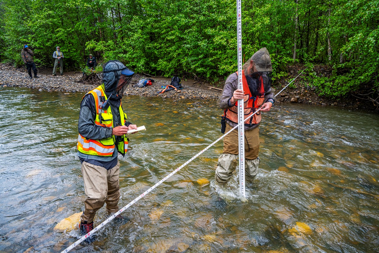 two people stand in a river making measurements