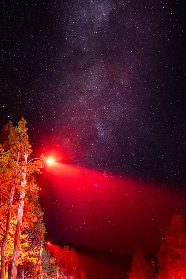 A streetlight shining a bright red light along a path in the starry night.