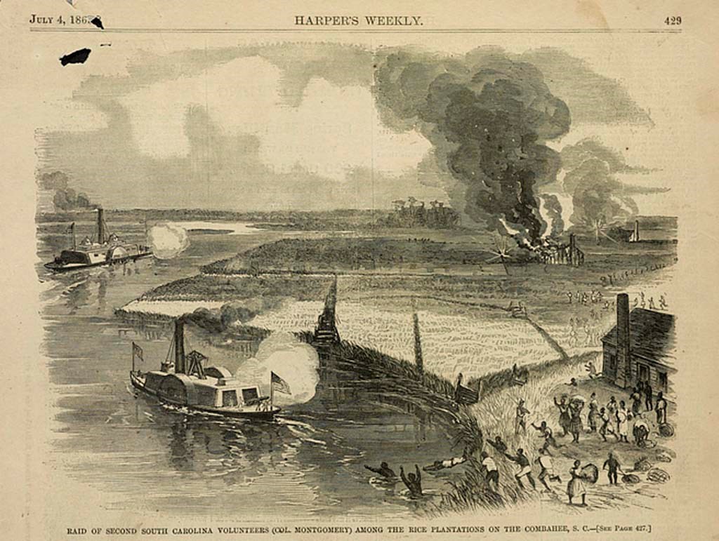 Illustration of the Combahee River raid from Harper’s Weekly.