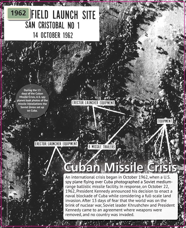 Aerial photograph with annotations and arrows indicating locations of erector slash launch equipment, and eight missile trailers.