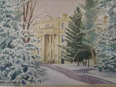 A watercolor painting of a grand mansion in the snow.