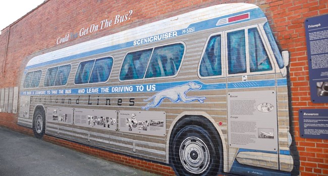 Mural of a greyhound bus