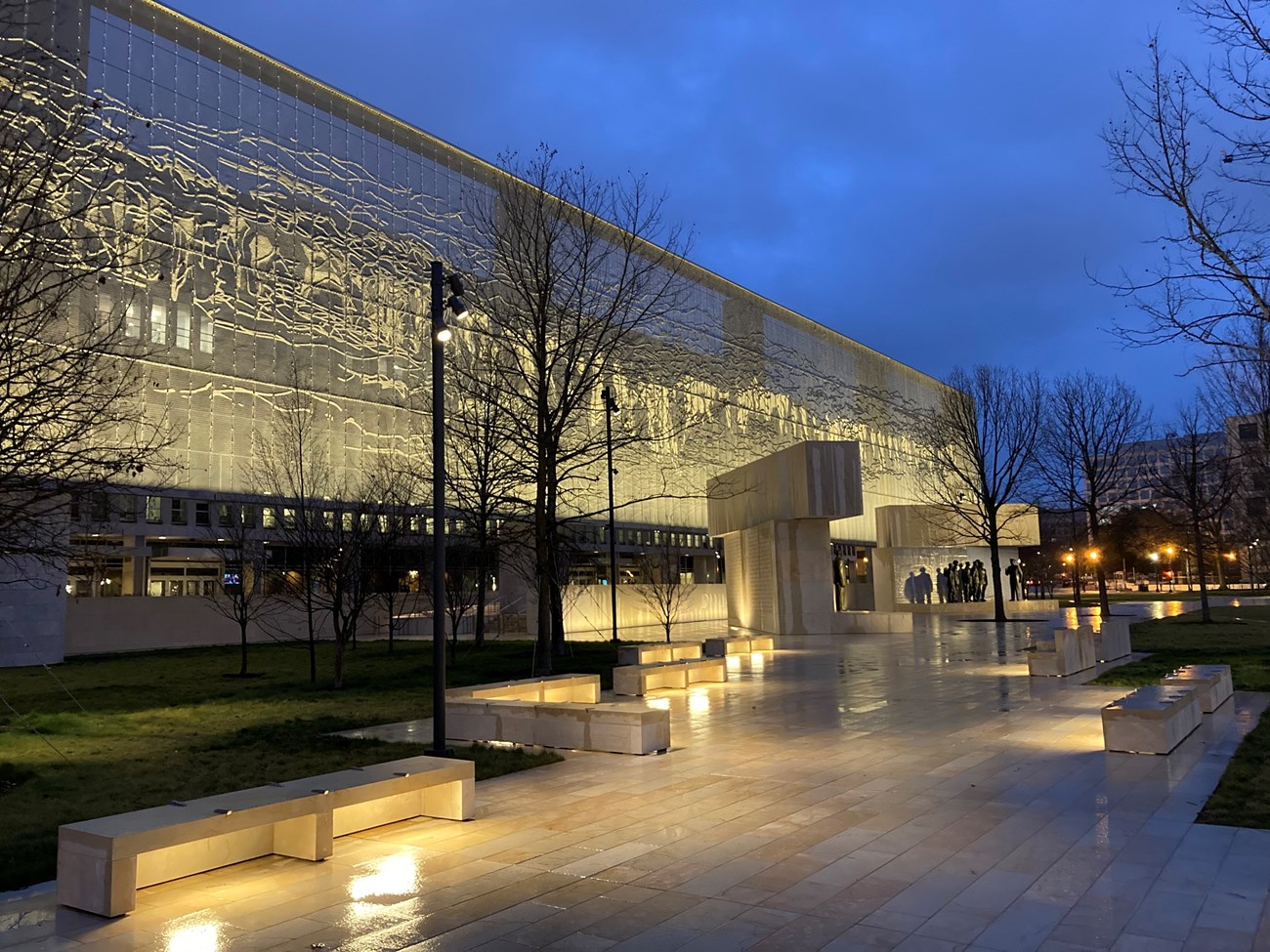 Eisenhower Memorial lit up at night
