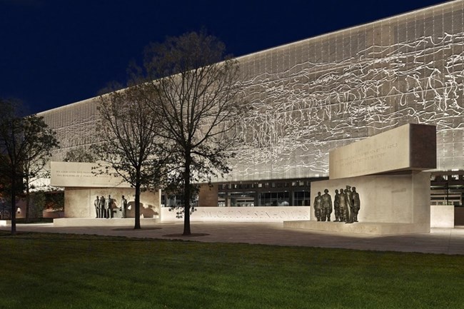 Eisenhower memorial with large metal tapestry feature