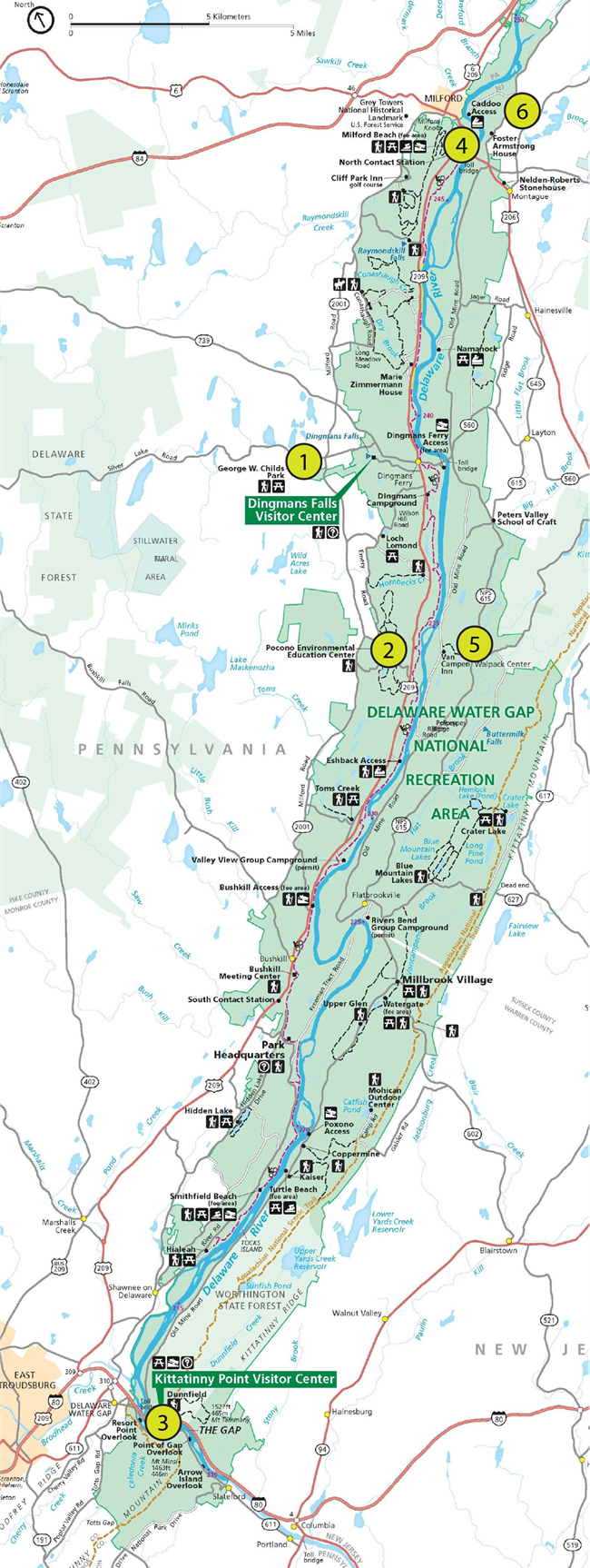 A map of the Delaware Water Gap NRA with circled numbers in the locations of the programs.