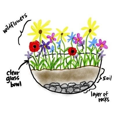 Digital illustration of a wildflower terrarium.