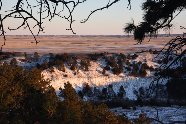 A cliff in the distance along a river covered in a sheet of frozen ice.