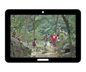 Black and white illustration of internet tablet with image of youth on the trail.