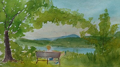 A watercolor painting of a person seated on a bench looking toward a river view.