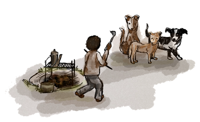 A cartoon drawing of a black slave fending off dogs with a stick.