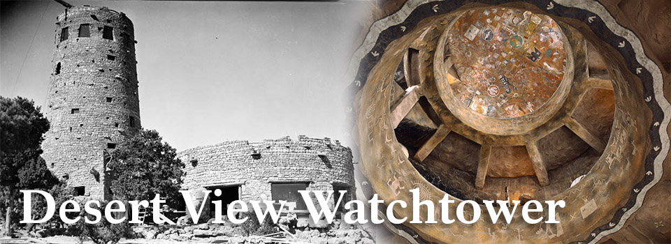 Historic black and white image of exterior of stone tower on the left and, on right, a modern interior image looking up past two parapets at a ceiling painted with colorful designs.