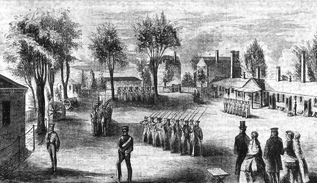 Drawing of Marines outside of Marine Barracks at the Charlestown Navy Yard.