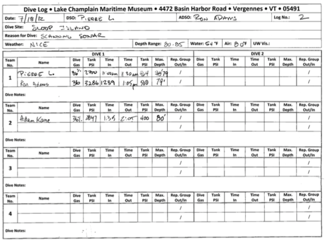 Dive Log for July 18, 2012 with handwritten details of the dive.