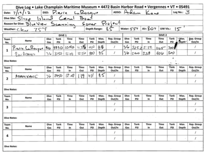 Dive Log for July 18, 2012 with handwritten details of the dive.