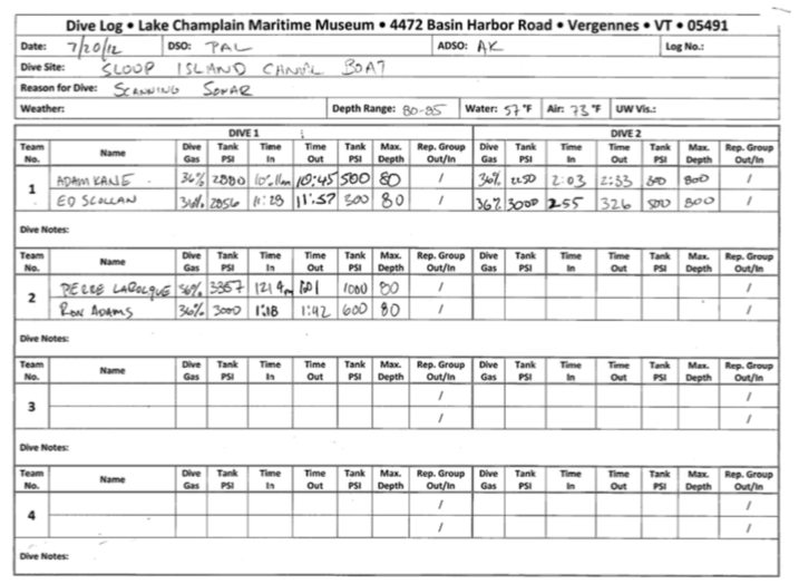 Dive Log for July 20, 2012 with handwritten details of the dive.