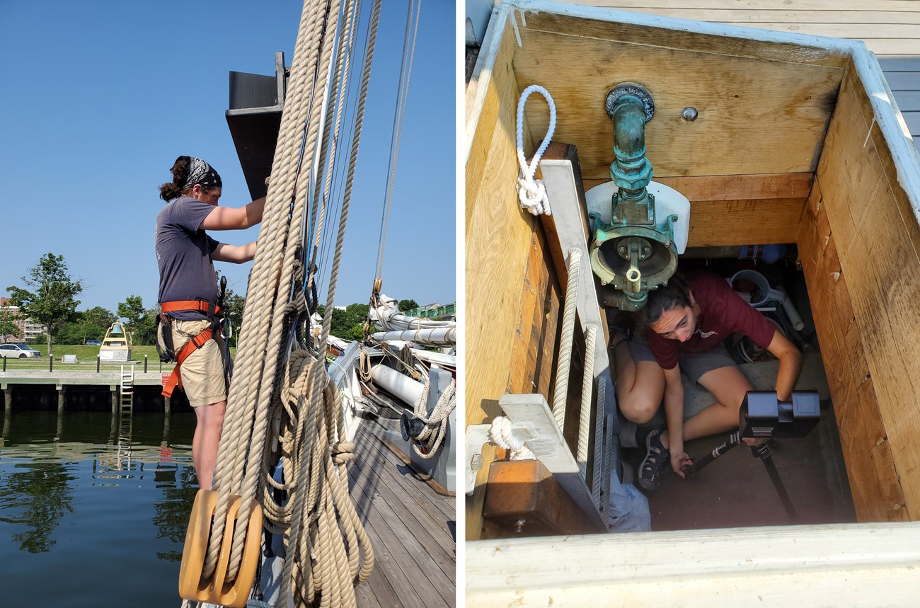 Left: Person in a harness preparing to climb the ship's rigging; Right: Looking down through a hatch at a person crouched in a small, below-deck compartment with a camera and tripod.