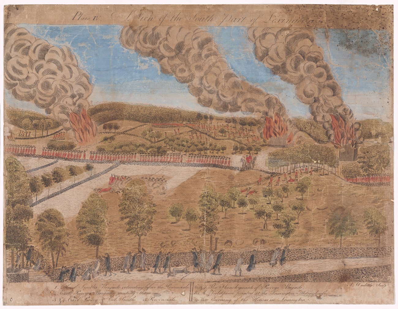 Print of British soldiers marching along a dirt road in the middle of pastures with 3 fires blazing along the road.