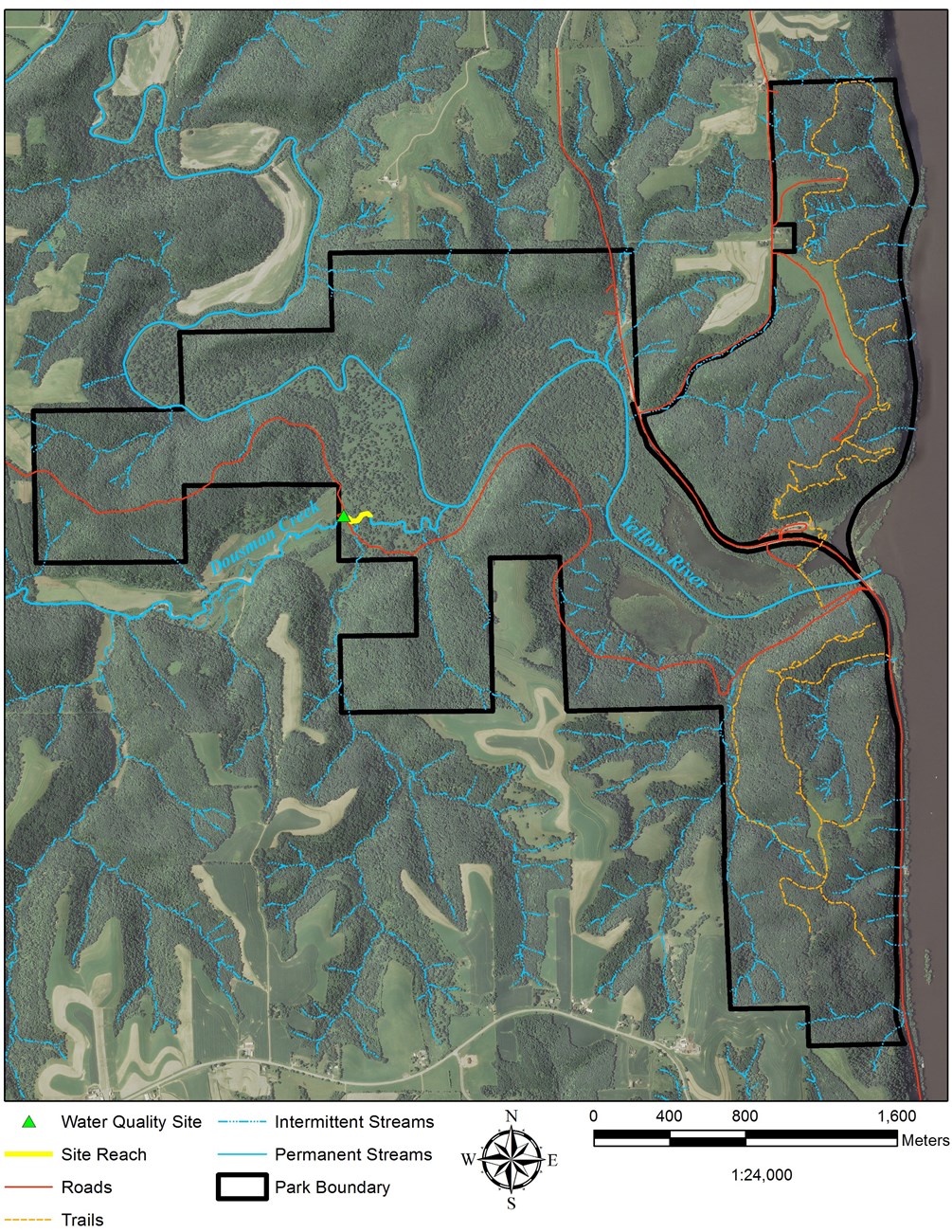 Aquatic monitoring sites on Dousman Creek in the central part of Effigy Mounds NM.