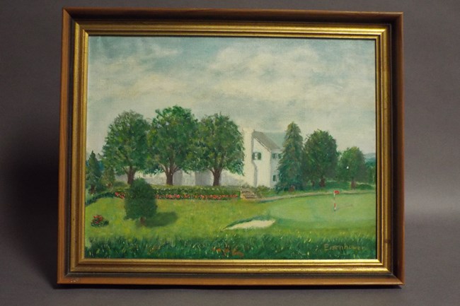 A color painting of a white house surrounded by green trees and grass, with a putting green and red golf flag in the foreground