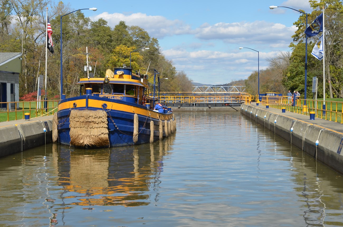Tugboat in an urban canal