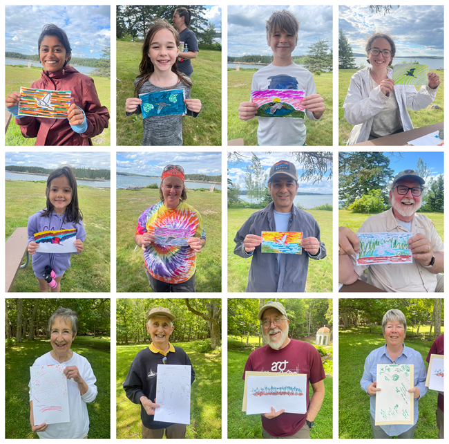 Composite grid of 16 photos of people holdings drawings they made in front of them