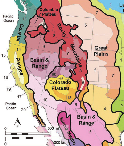 Ecoregional Map of western U.S. showing mountain and plains ranges