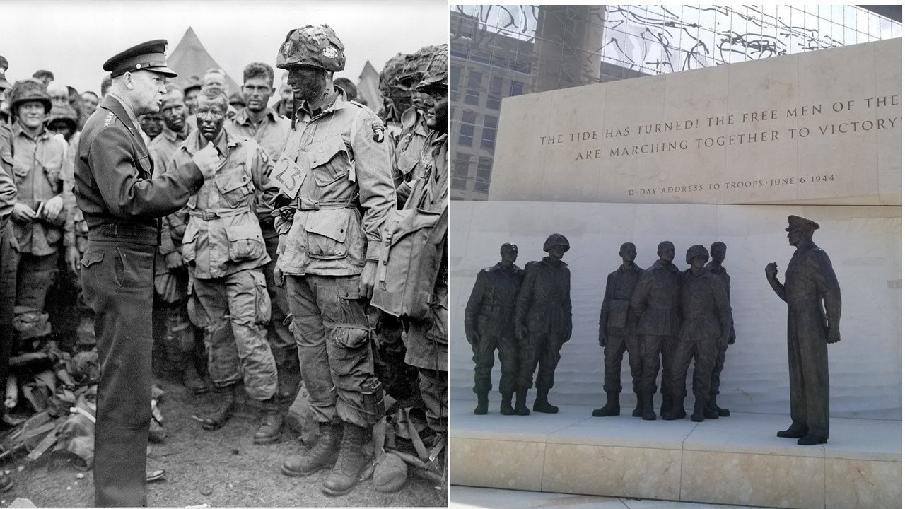 Side by side photos of Eisenhower speaking with troops and bronze statues in memorial depicting scene