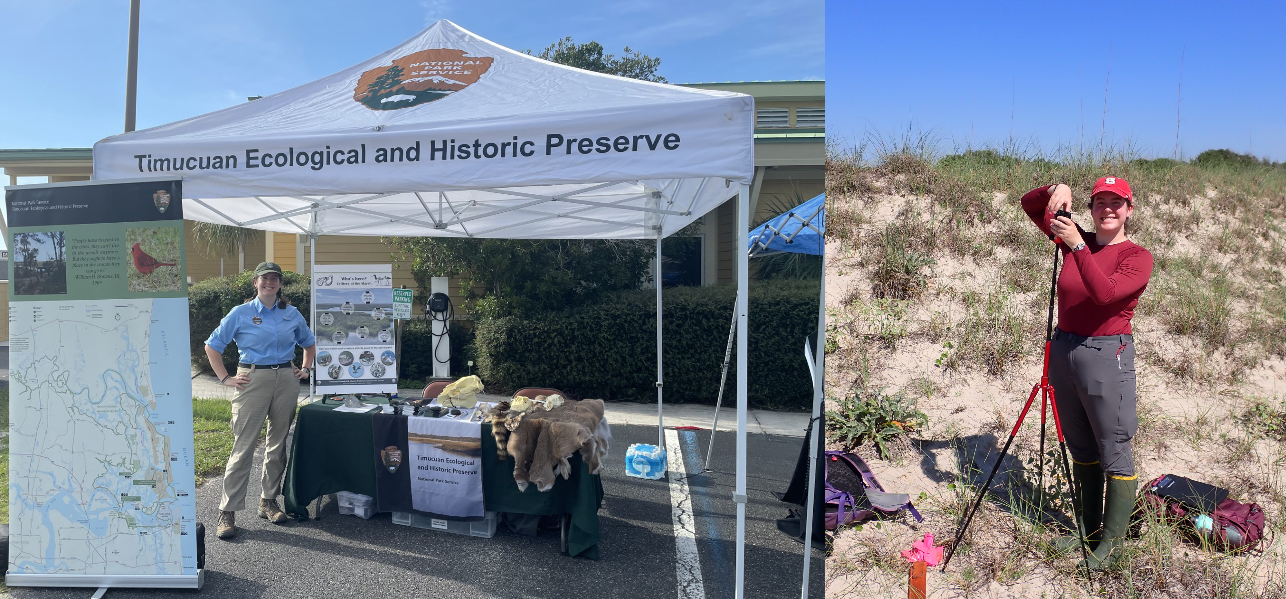 Woman standing under a tent with displays and standing next to a tripod on a shoreline