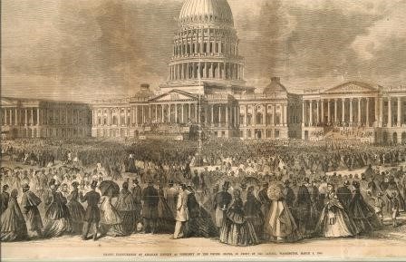 An engraved image shows a formally dressed crowd gathered in front of the US Capitol building.