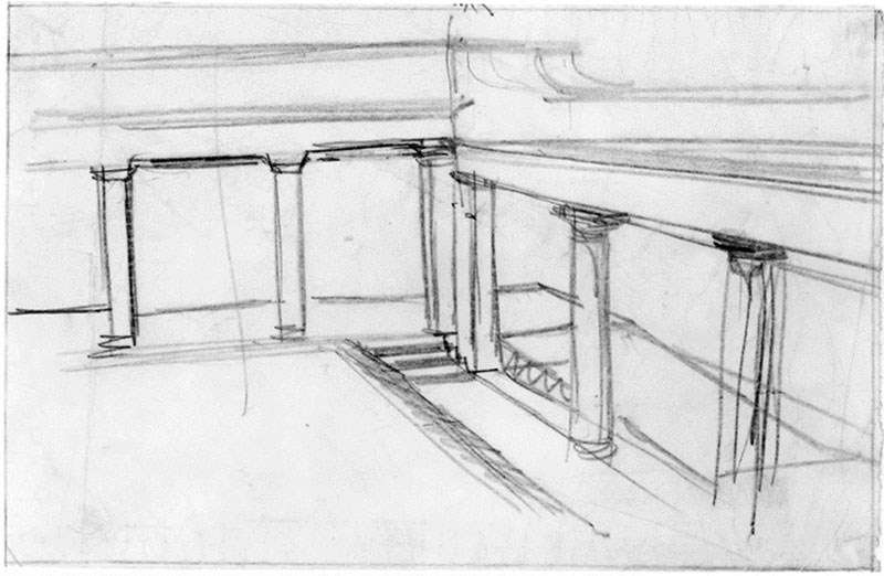 Architect Eric Gulger’s sketch of the ramp designed for the West Colonnade, connecting the Oval Office to the White House, 1934.