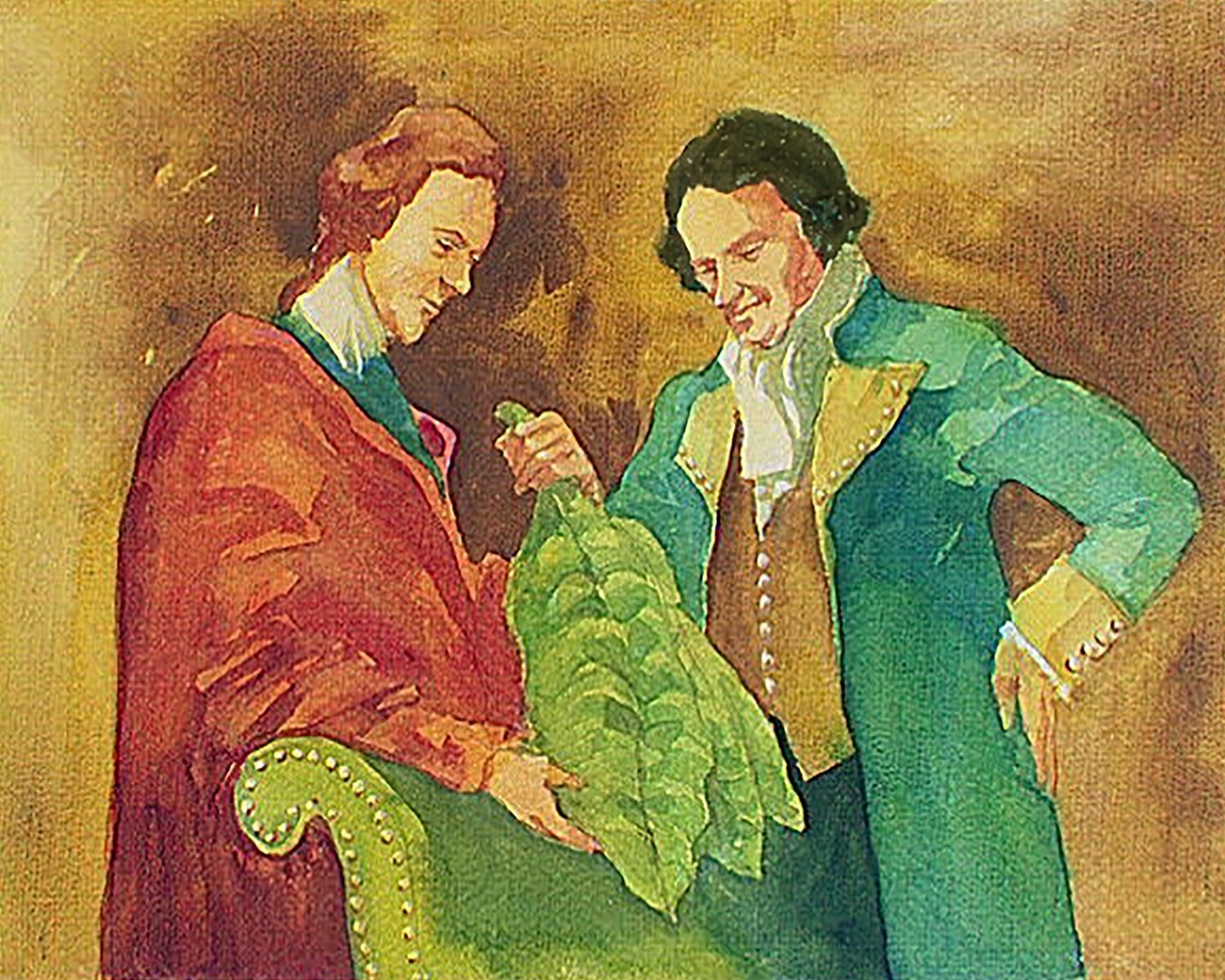 Illustration of two colonial men holding tobacco leaf