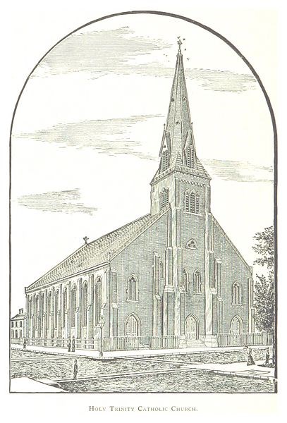 Sketch of church with tall spire.