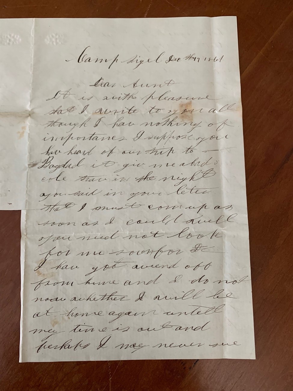 Handwritten letter from 1861. The letter is drafted from Camp Sigel, and is written in cursive.