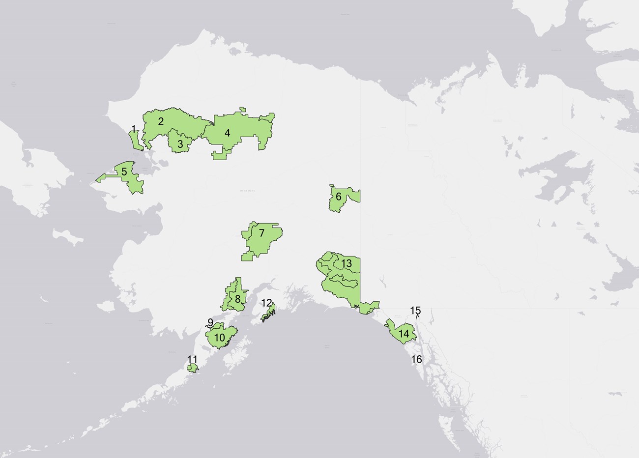 Map of Alaska with park areas highlighted.