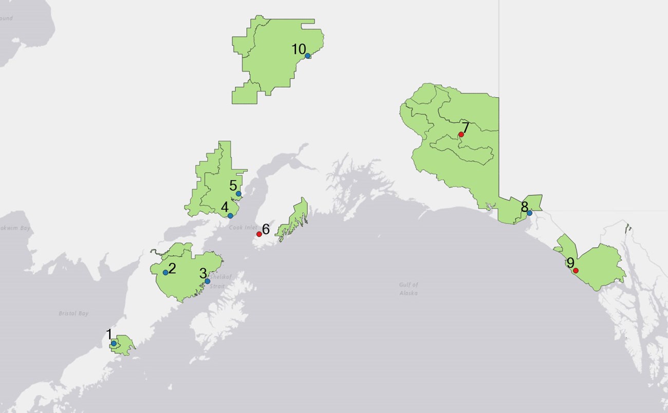 Map of southern Alaska with park areas highlighted.