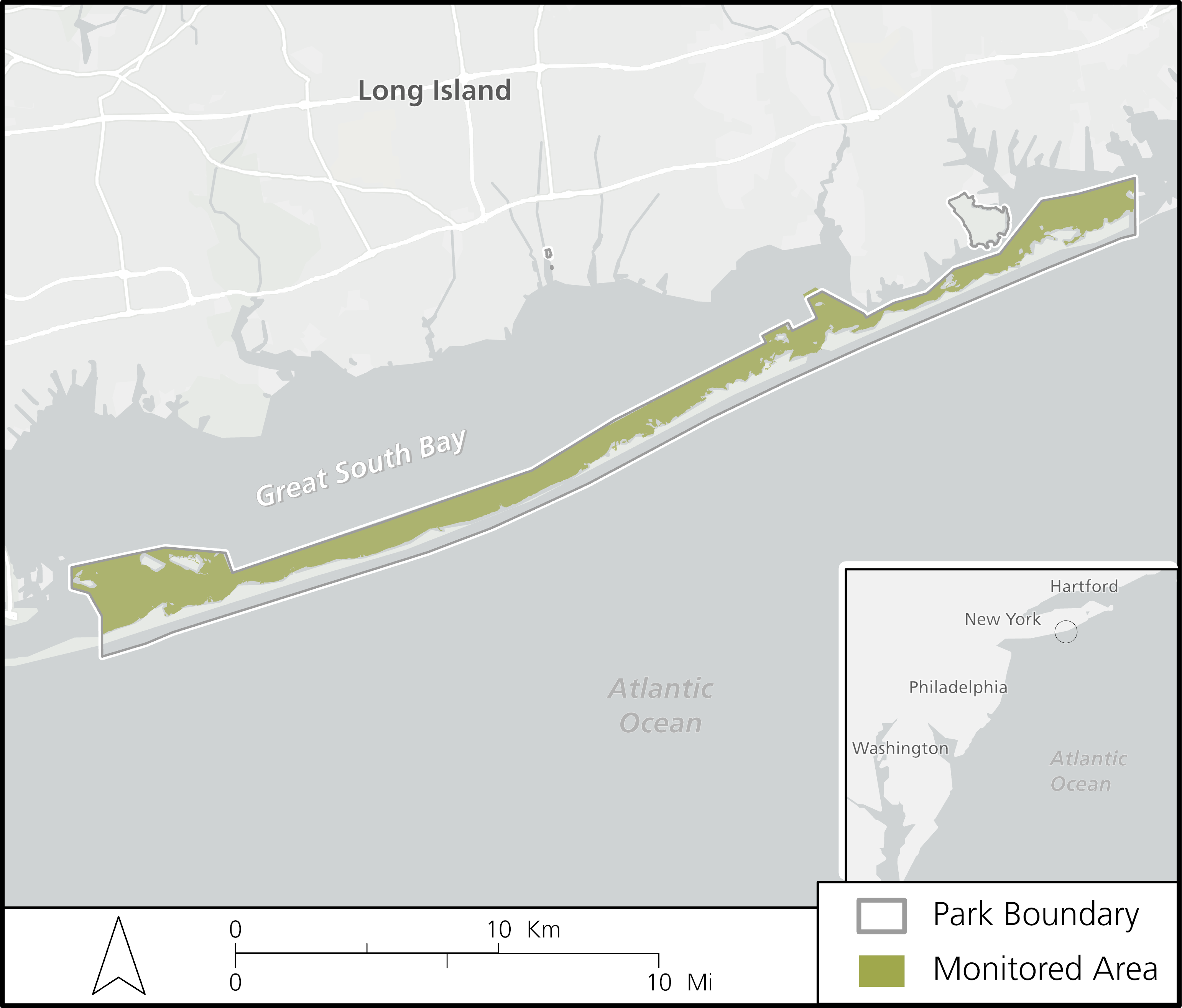 Map of the Fire Island National Seashore estuarine systems which are monitored for nutrient enrichment, and located on the South Shore of Long Island, New York.