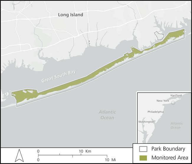 Map of the Fire Island National Seashore estuarine systems which are monitored for nutrient enrichment, and located on the South Shore of Long Island, New York.