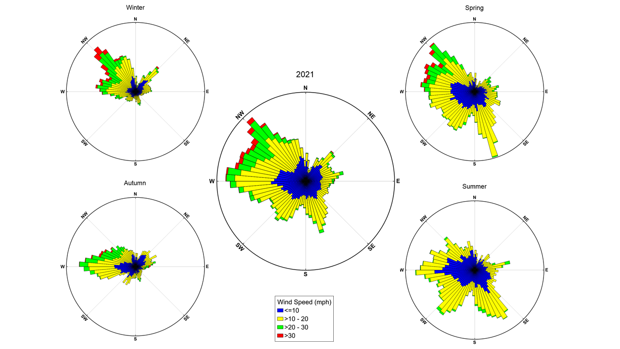 Wind charts reflecting both the seasonal and annual wind direction and speed at at Sandy Hook, New Jersey during 2021.