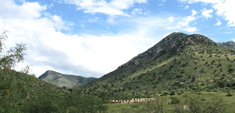 Desert hills covered in green shrubs, grasses and rock faces towering above fort ruins under a partly cloudy sky.