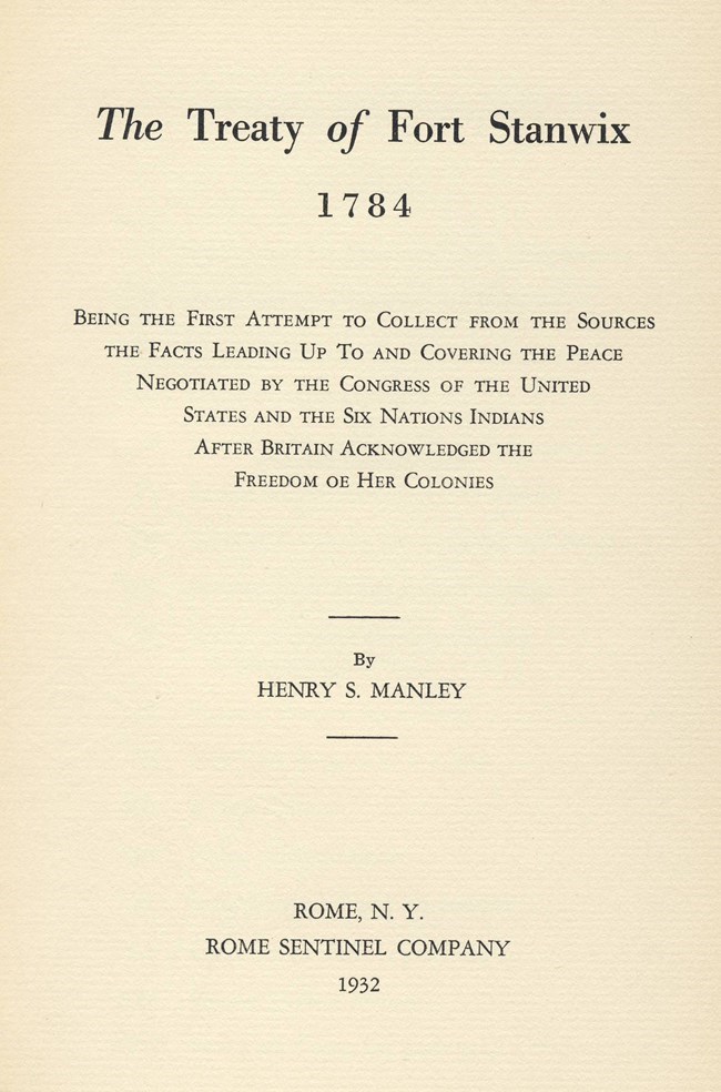 The cover page of an old book with "The Treaty of Fort Stanwix, 1784...By Henry S. Manley" printed on it.