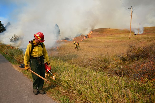 A firefighter uses a drip torch to ignite a grassy area; a couple of other firefighters are in the background walking near other flames with drip torches