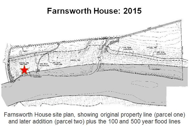 Farnsworth House site plan showing original property line (parcel one) and later addition (parcel two) plus the 100 and 500 year flood lines. Circa 2015.