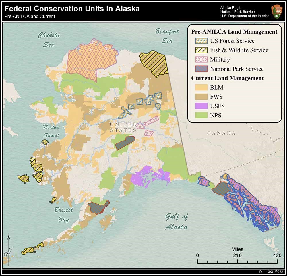 A map showing protected areas in Alaska pre- and post-ANILCA.