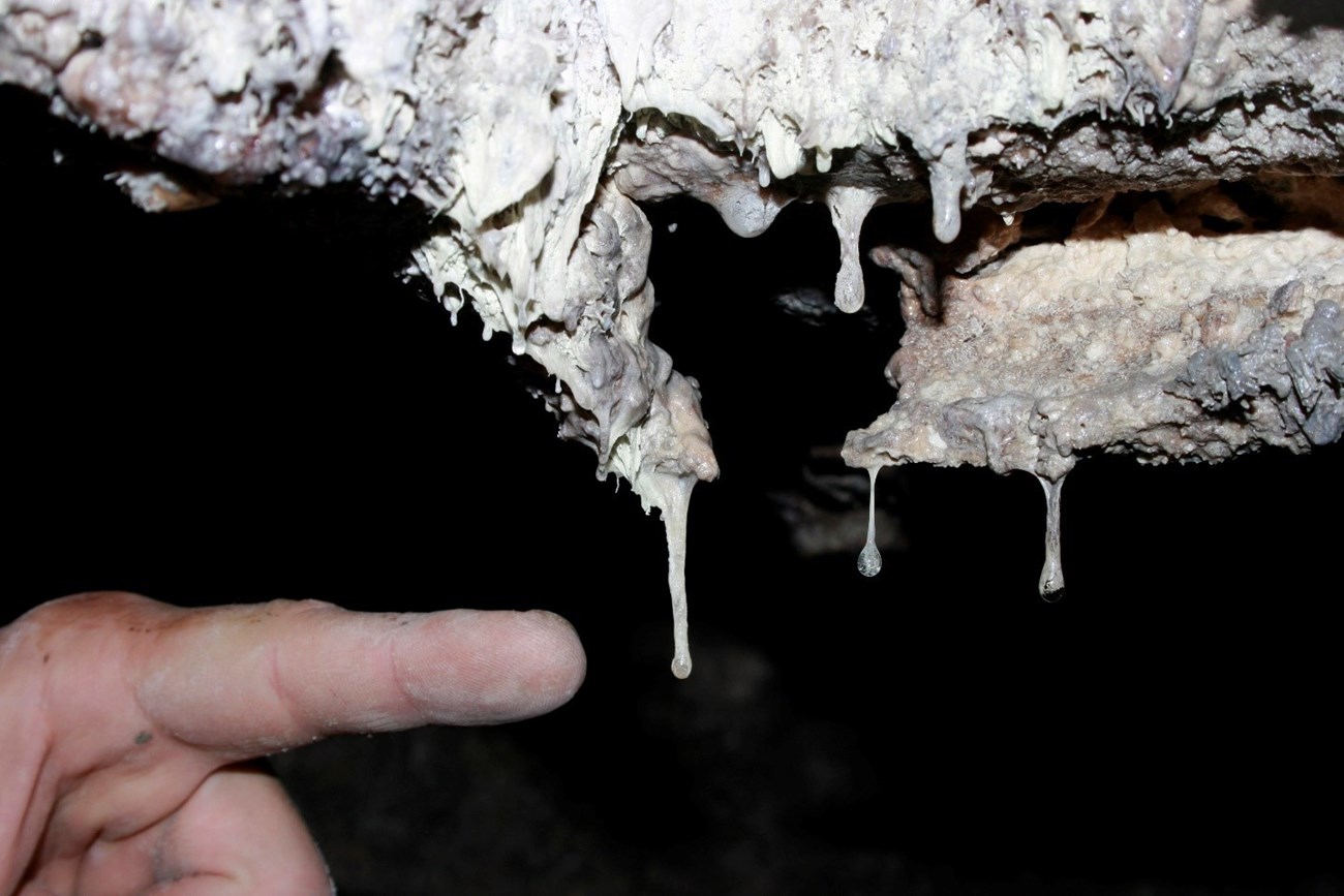 a person's finger pointing at dripping cave slime