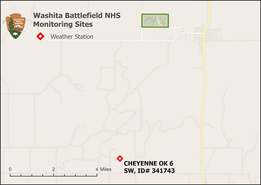 Map of weather station location five miles south of Washita Battlefield National Historic Site.