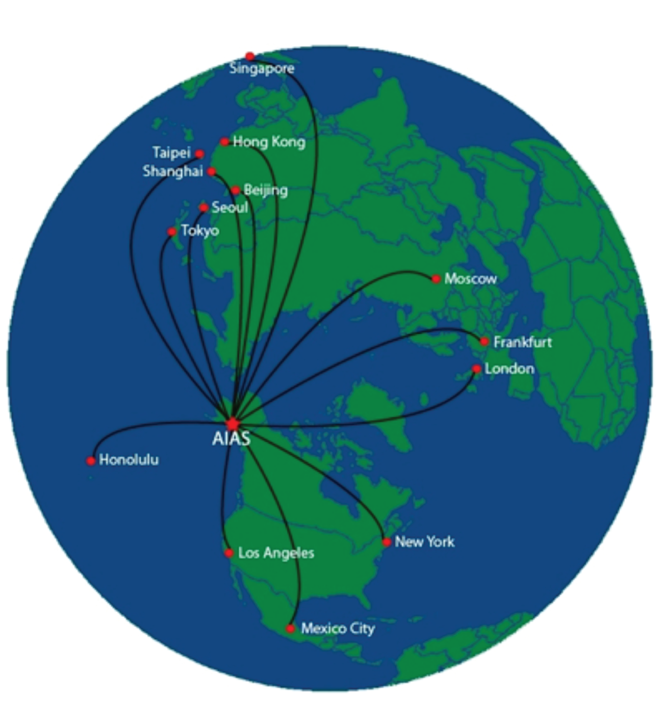 An image of the globe focused on the northern hemisphere showing the Anchorage airport in relationship to other major global cities.