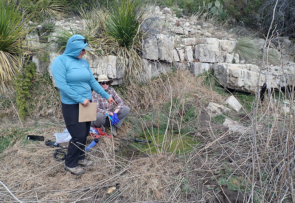A crew member points to a shallow, green-tinted water pool at the base of a rock shelf where a piece of scientific equipment is resting in the water. The surrounding area contains dried plants and a few green shrubs.