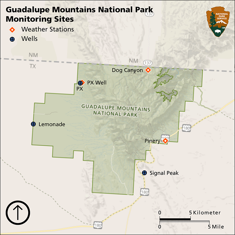 Map of three wells, two on the western park border and one southeast of the park border, and three wells, one on the western, one on the northern, and one on the eastern park borders.