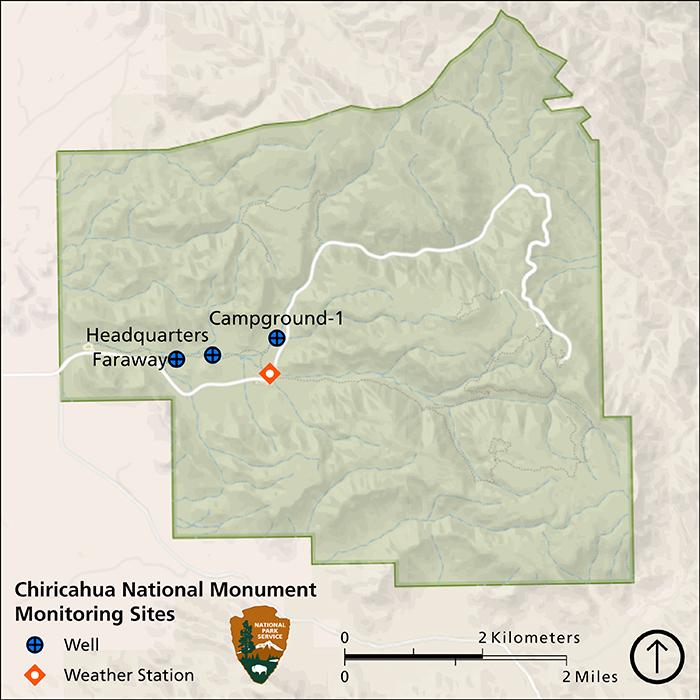 Map of Chiricahua National Monument showing one weather station and three groundwater monitoring wells on the western central part of the park close to the road into the park.